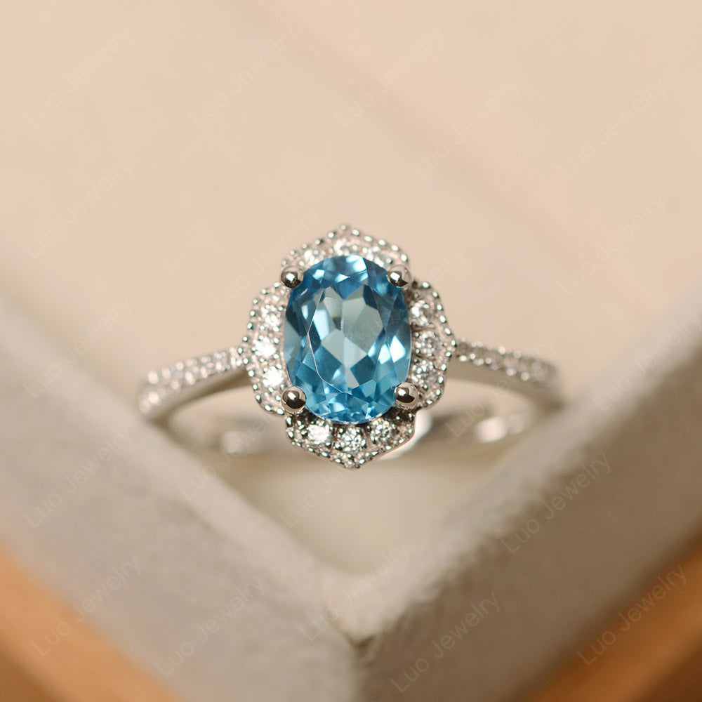 Swiss Blue Topaz Ring Oval Cut Halo Engagement Ring - LUO Jewelry