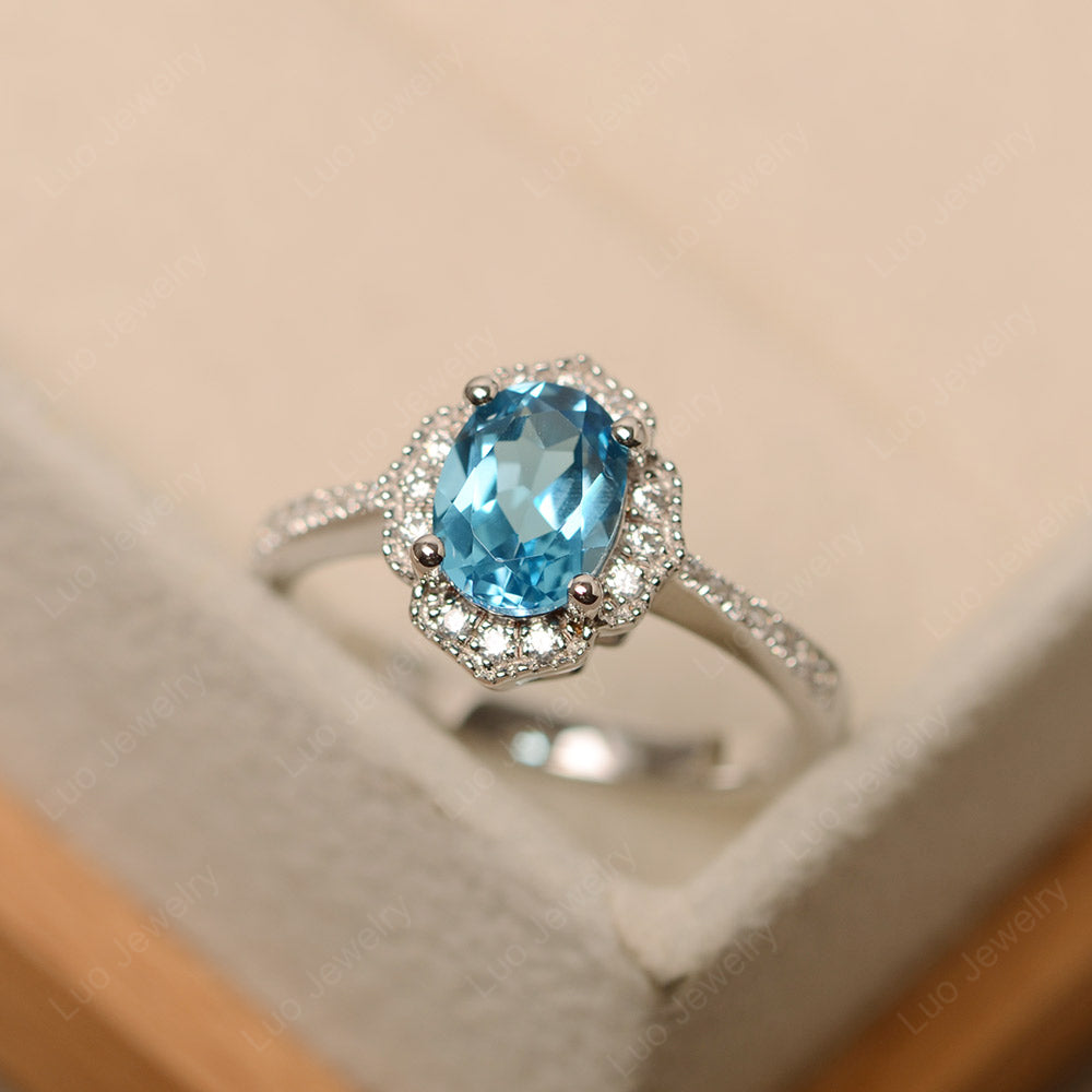 Swiss Blue Topaz Ring Oval Cut Halo Engagement Ring - LUO Jewelry