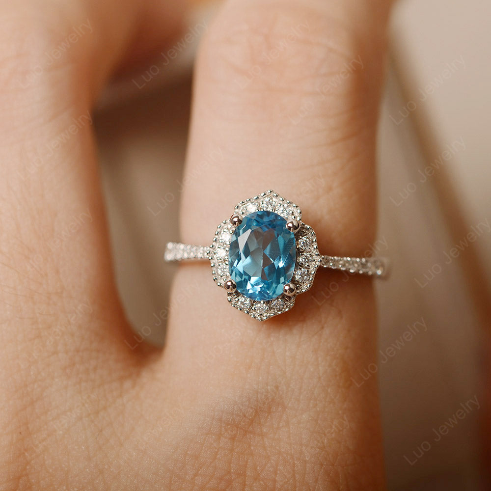 Swiss Blue Topaz Ring Oval Cut Halo Engagement Ring - LUO Jewelry