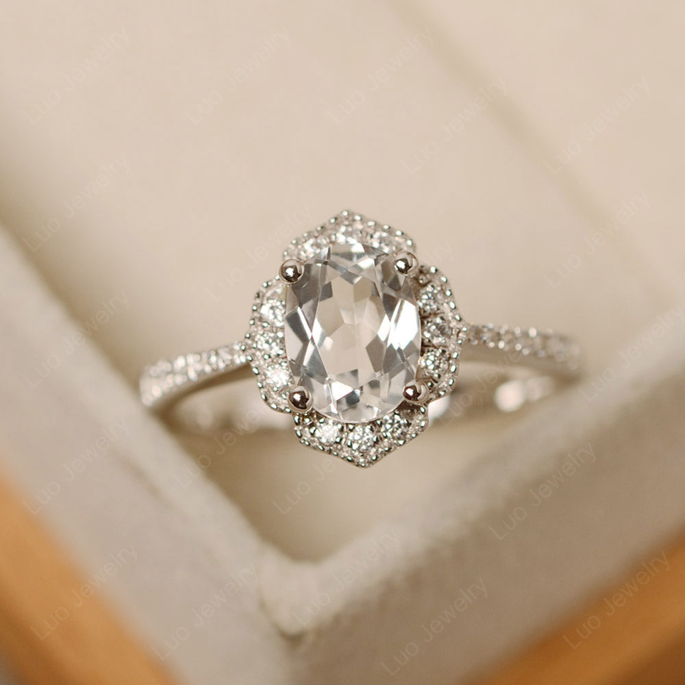 White Topaz Ring Oval Cut Halo Engagement Ring - LUO Jewelry