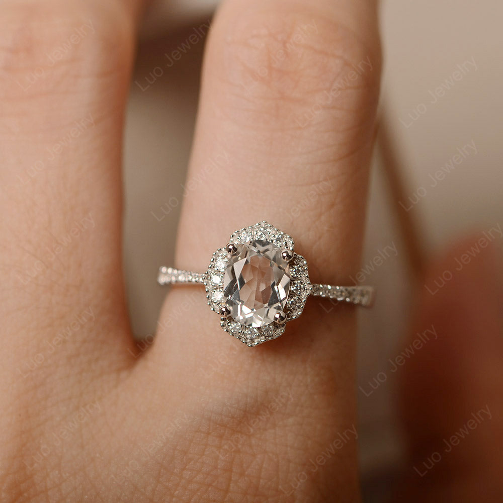 White Topaz Ring Oval Cut Halo Engagement Ring - LUO Jewelry