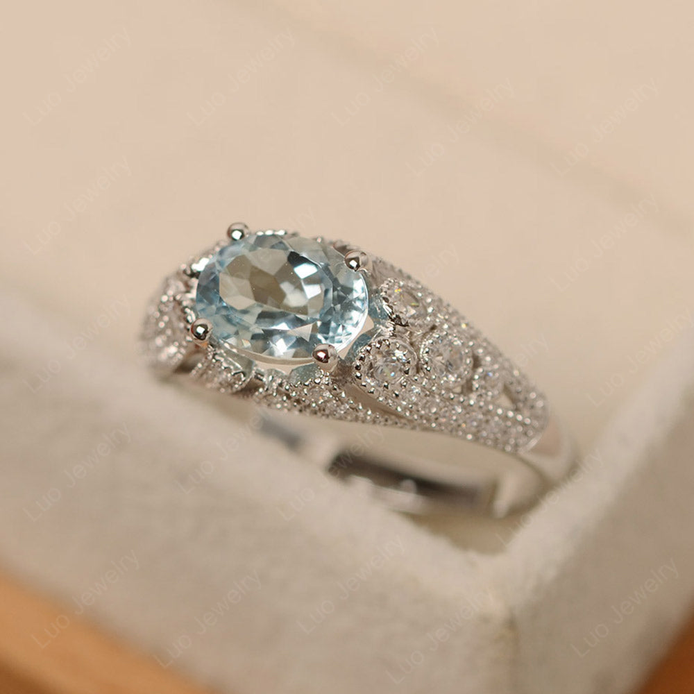 Vintage Horizontal Oval Cut Aquamarine Ring - LUO Jewelry