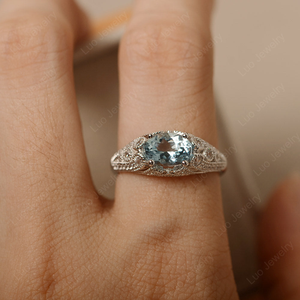 Vintage Horizontal Oval Cut Aquamarine Ring - LUO Jewelry