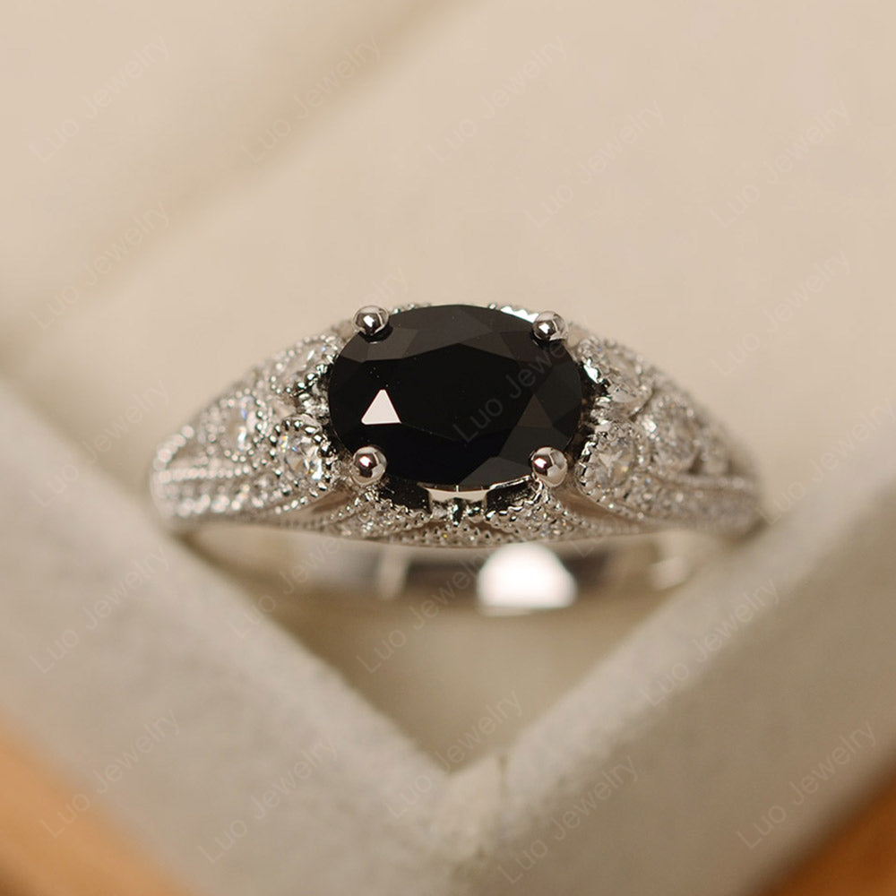 Vintage Horizontal Oval Cut Black Spinel Ring - LUO Jewelry