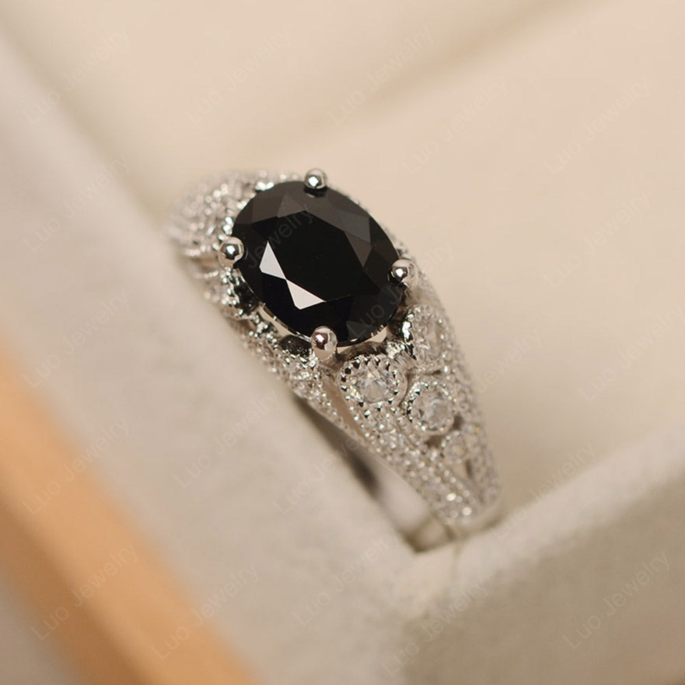 Vintage Horizontal Oval Cut Black Spinel Ring - LUO Jewelry