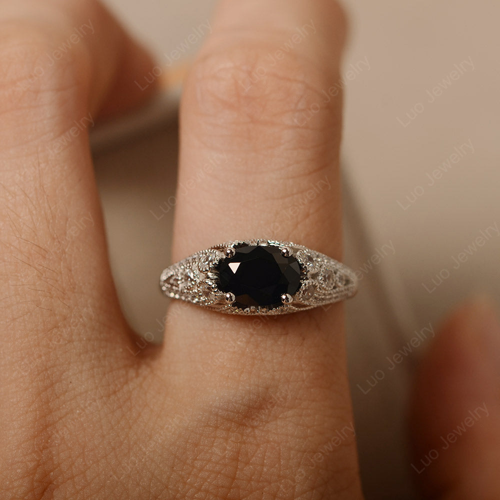 Vintage Horizontal Oval Cut Black Spinel Ring - LUO Jewelry