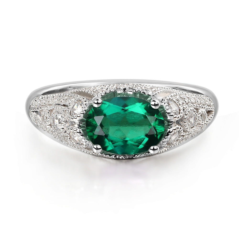 Vintage Horizontal Oval Cut Lab Emerald Ring - LUO Jewelry