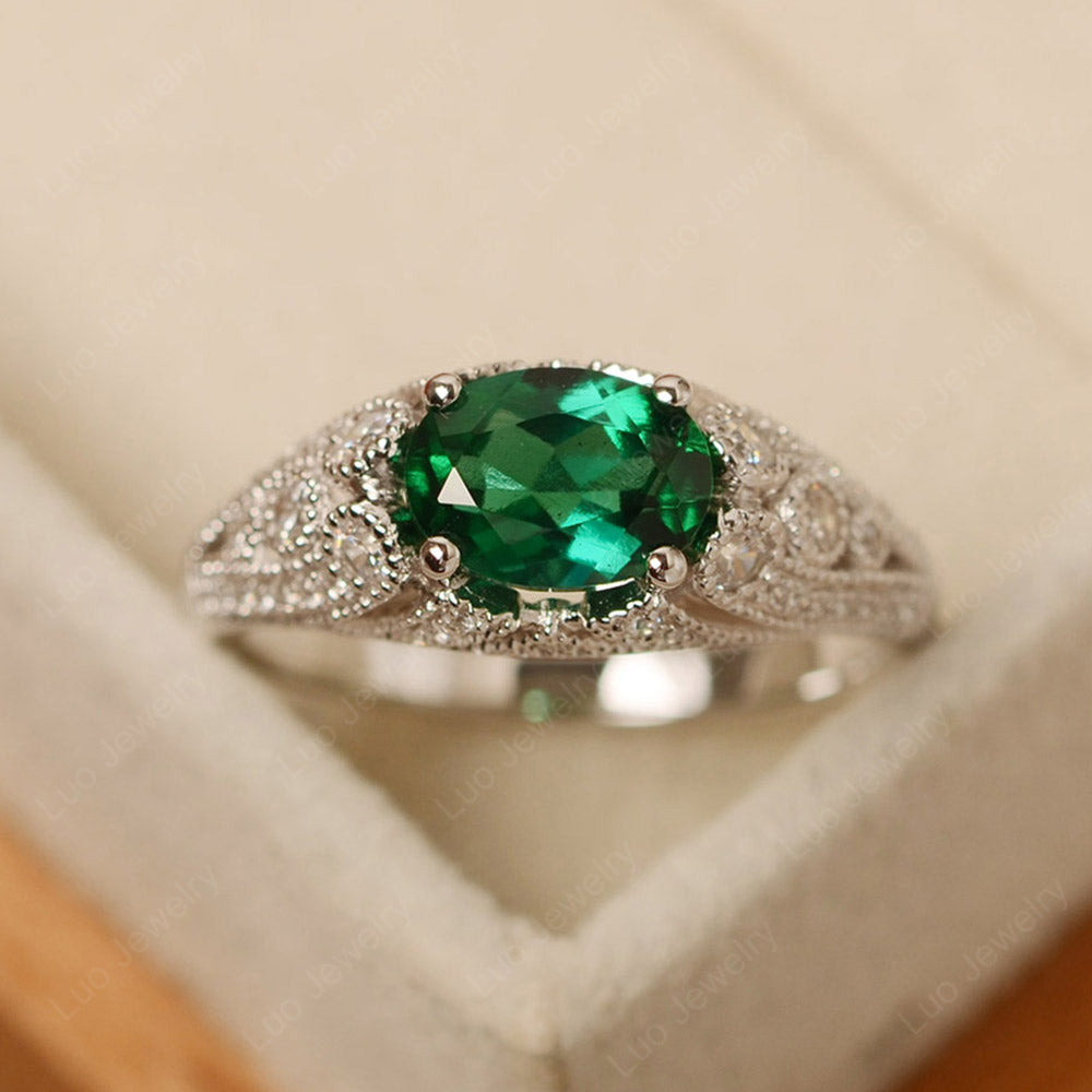 Vintage Horizontal Oval Cut Lab Emerald Ring - LUO Jewelry