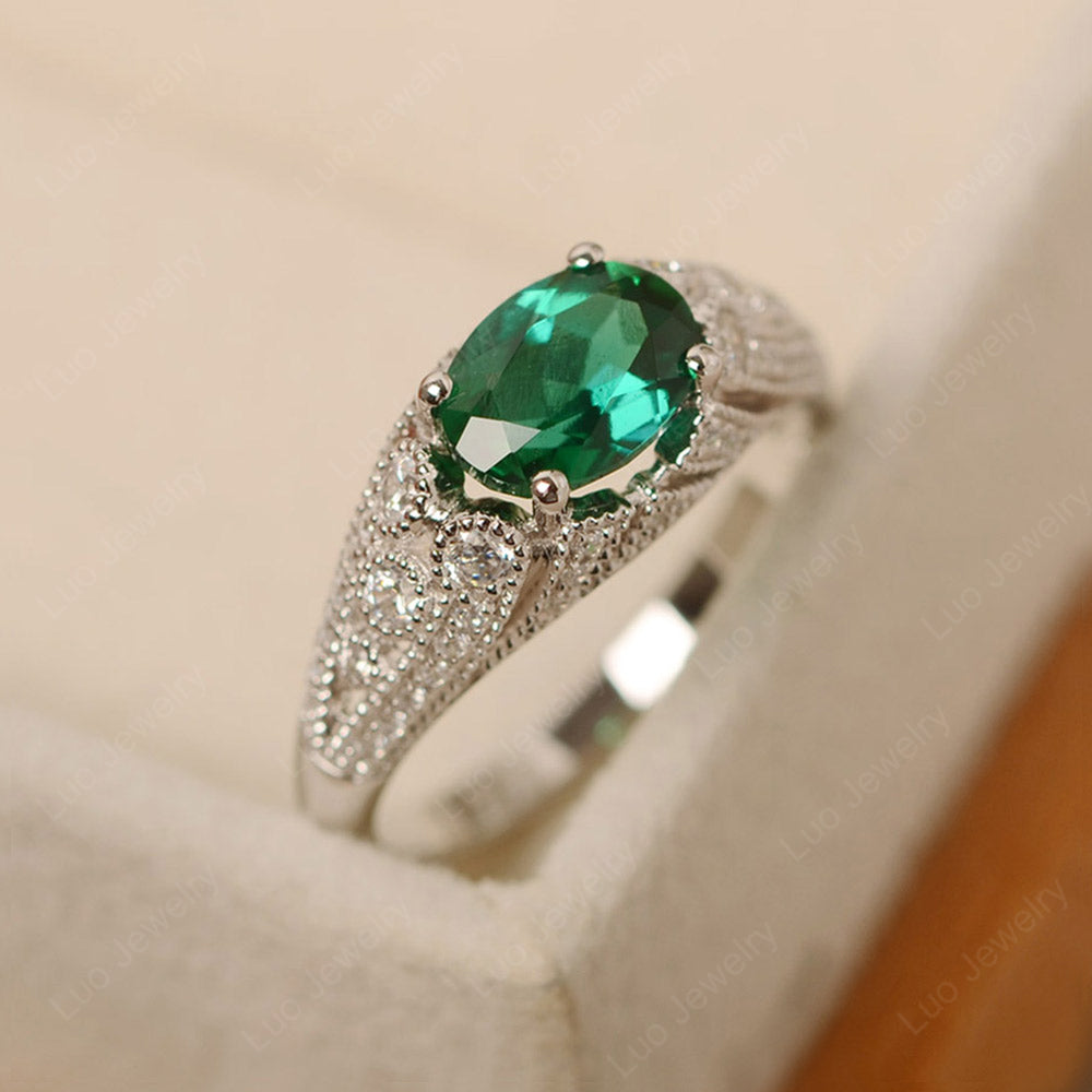 Vintage Horizontal Oval Cut Lab Emerald Ring - LUO Jewelry