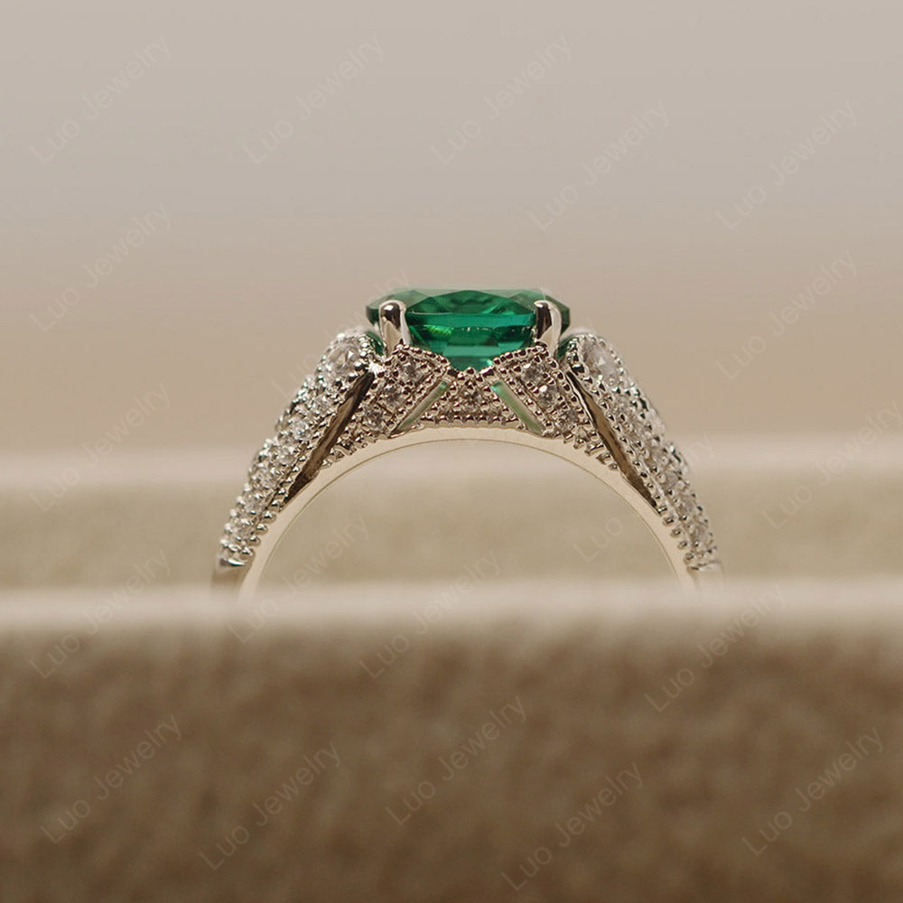 Vintage Horizontal Oval Cut Lab Emerald Ring - LUO Jewelry