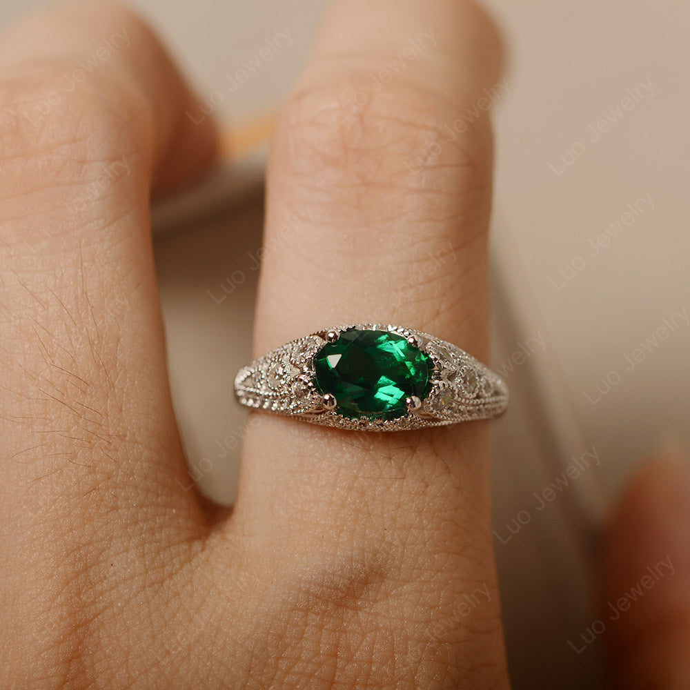 Vintage Horizontal Oval Cut Lab Emerald Ring - LUO Jewelry