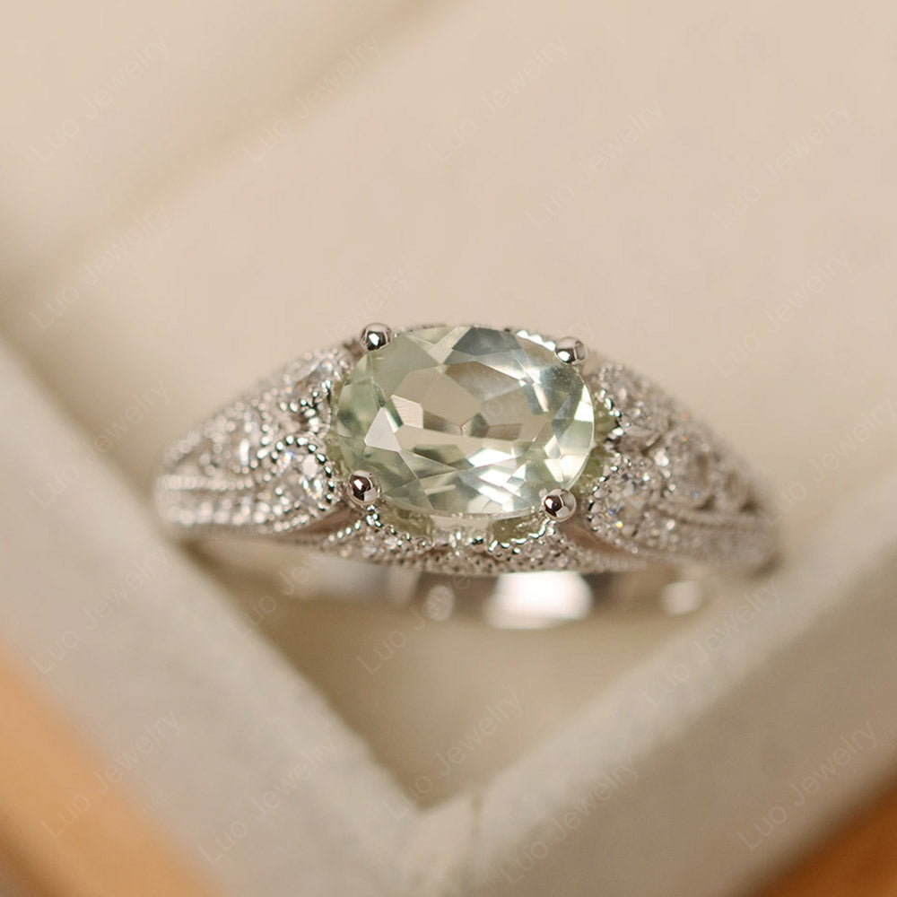 Vintage Horizontal Oval Cut Green Amethyst Ring - LUO Jewelry