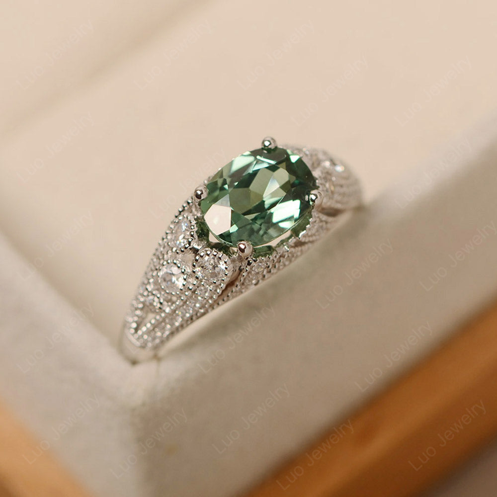 Vintage Horizontal Oval Cut Green Sapphire Ring - LUO Jewelry
