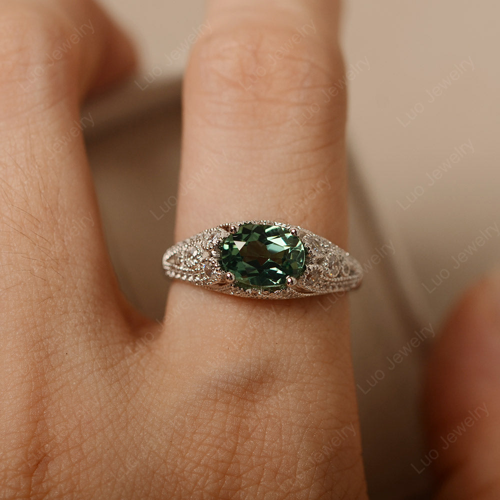Vintage Horizontal Oval Cut Green Sapphire Ring - LUO Jewelry
