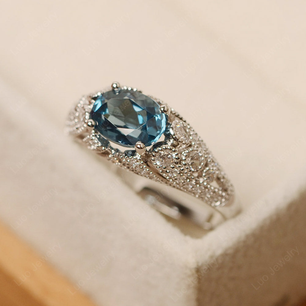 Vintage Horizontal Oval Cut London Blue Topaz Ring - LUO Jewelry