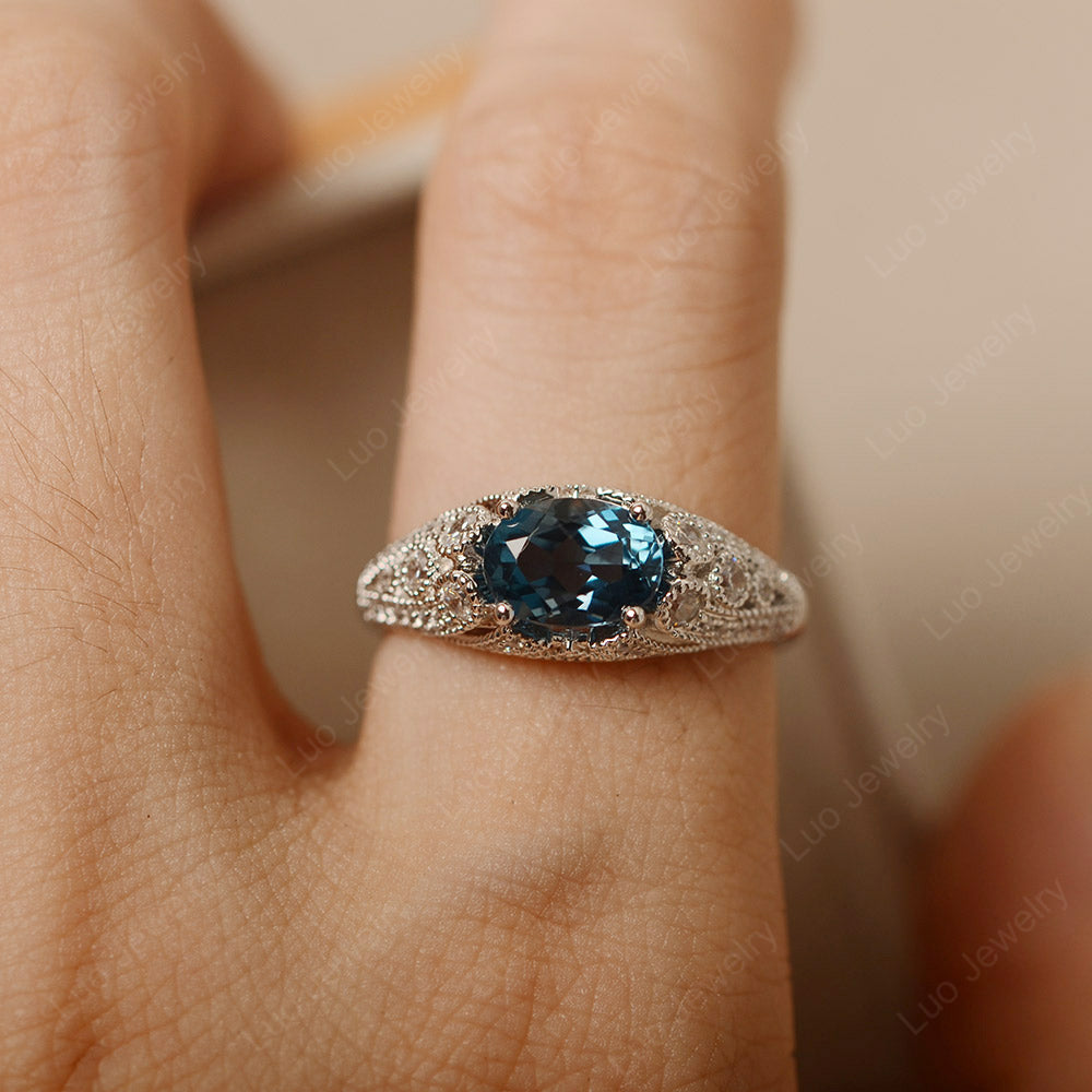 Vintage Horizontal Oval Cut London Blue Topaz Ring - LUO Jewelry