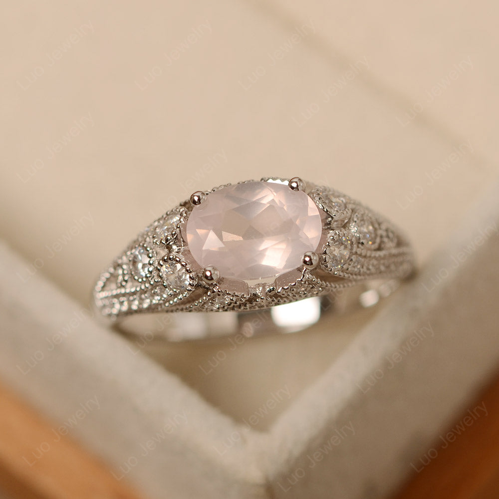 Vintage Horizontal Oval Cut Rose Quartz Ring - LUO Jewelry