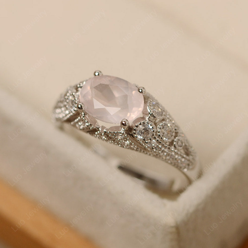 Vintage Horizontal Oval Cut Rose Quartz Ring - LUO Jewelry