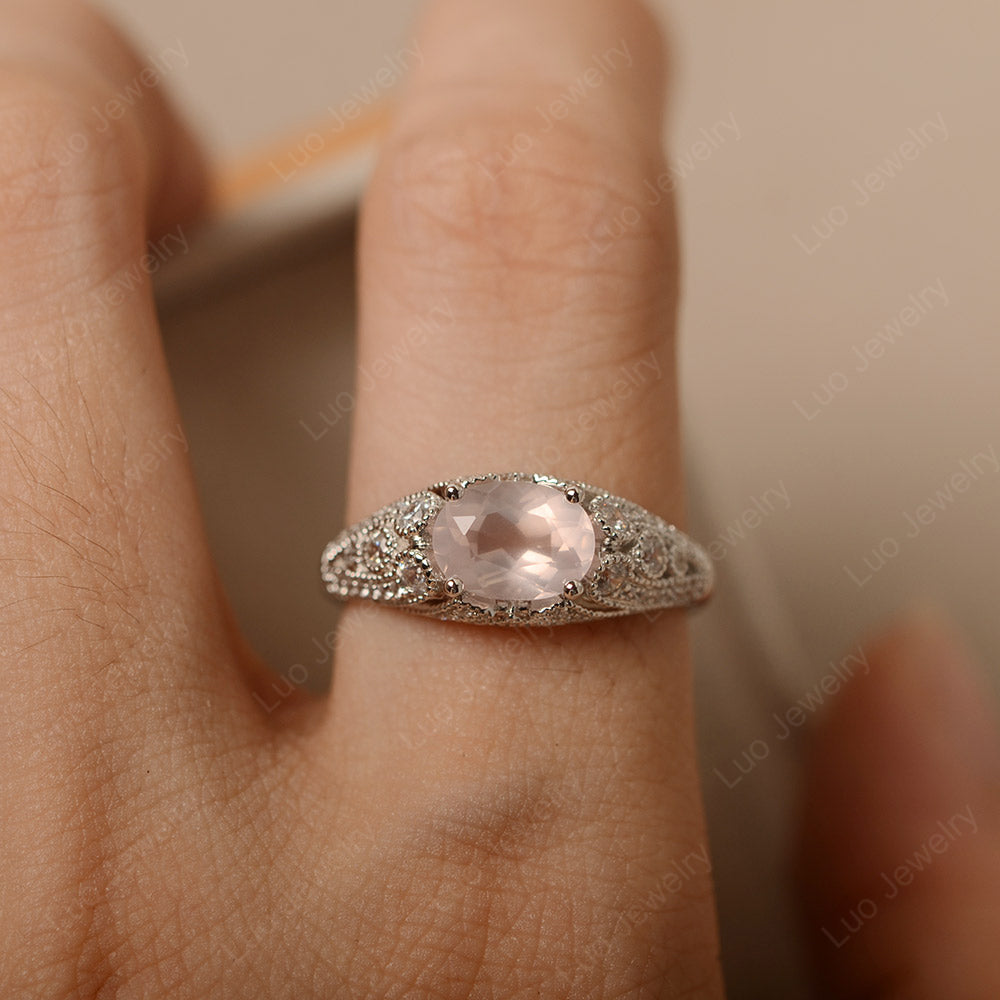 Vintage Horizontal Oval Cut Rose Quartz Ring - LUO Jewelry