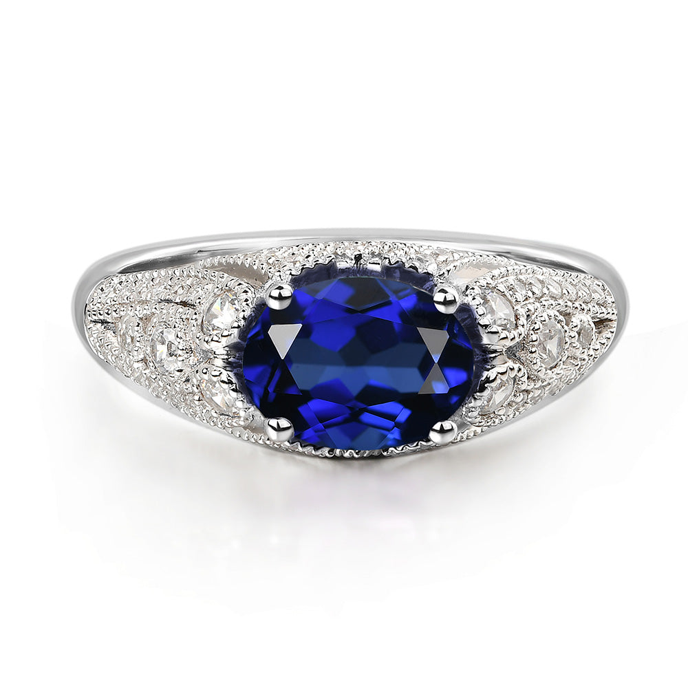 Vintage Horizontal Oval Cut Lab Sapphire Ring - LUO Jewelry