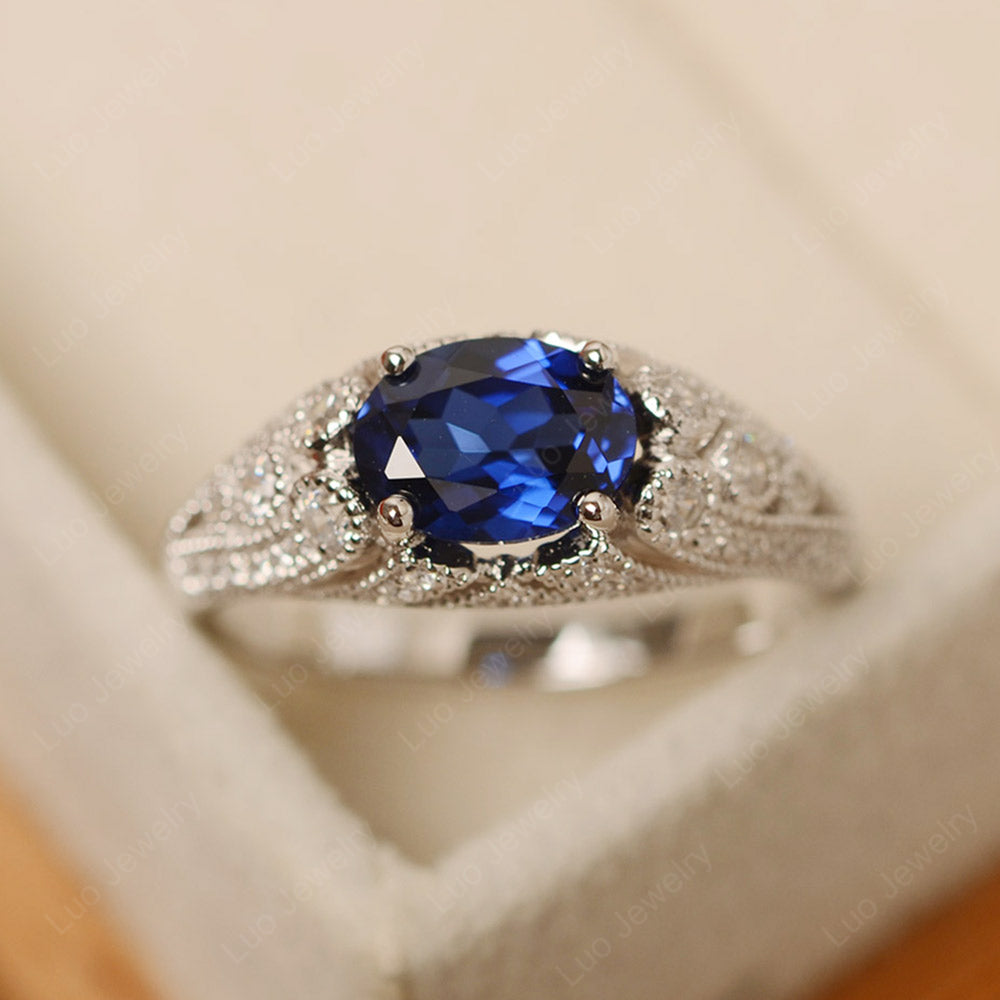 Vintage Horizontal Oval Cut Lab Sapphire Ring - LUO Jewelry