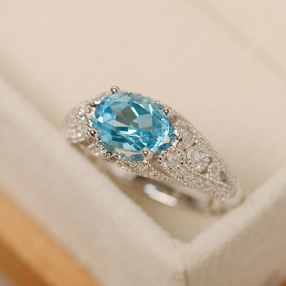 Vintage Horizontal Oval Cut Swiss Blue Topaz Ring - LUO Jewelry