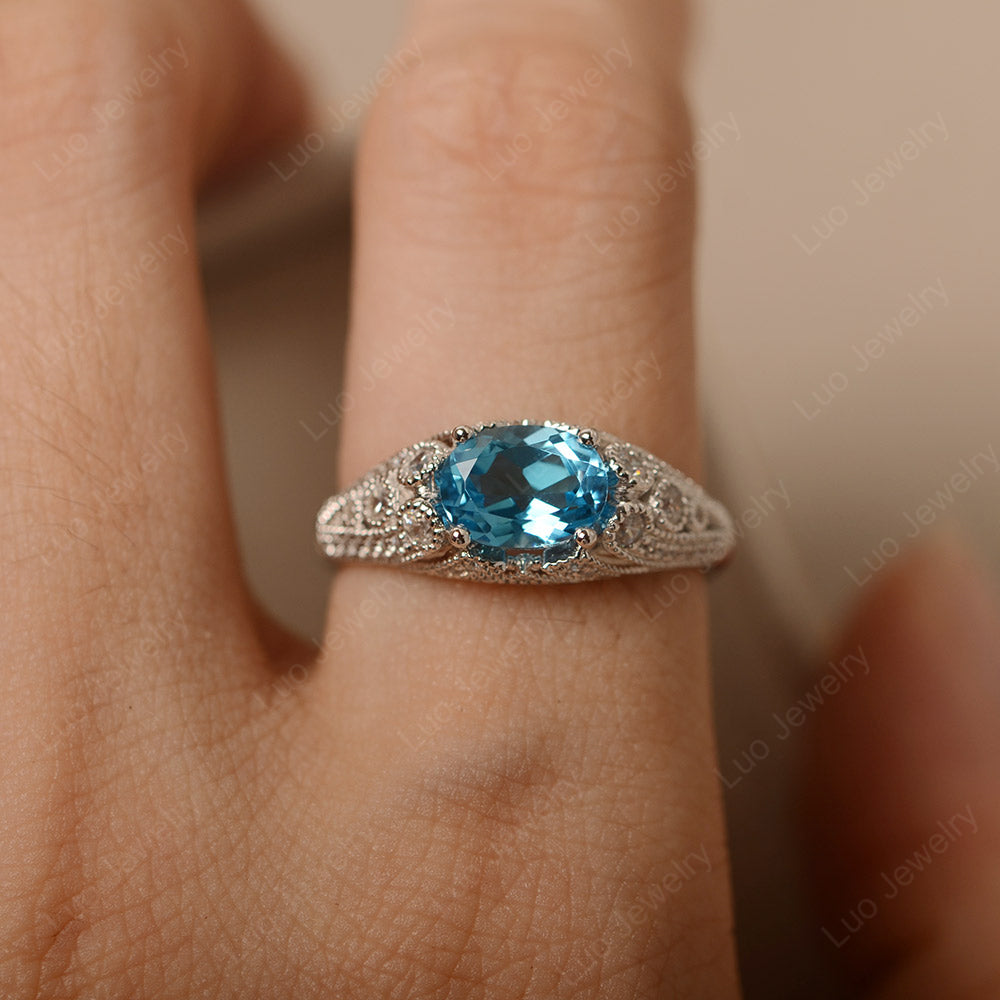 Vintage Horizontal Oval Cut Swiss Blue Topaz Ring - LUO Jewelry