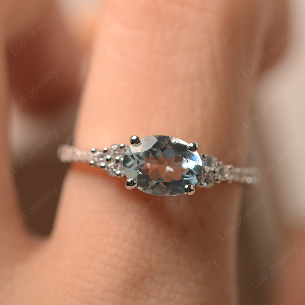 Horizontal Oval Cut Aquamarine Engagement Ring - LUO Jewelry