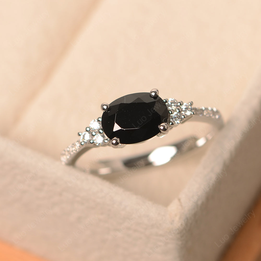 Horizontal Oval Cut Black Spinel Engagement Ring - LUO Jewelry