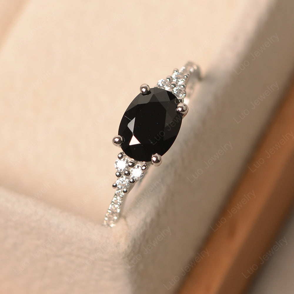 Horizontal Oval Cut Black Spinel Engagement Ring - LUO Jewelry