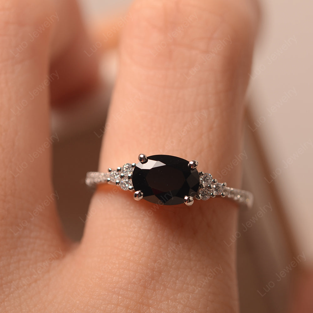 Horizontal Oval Cut Black Spinel Engagement Ring - LUO Jewelry