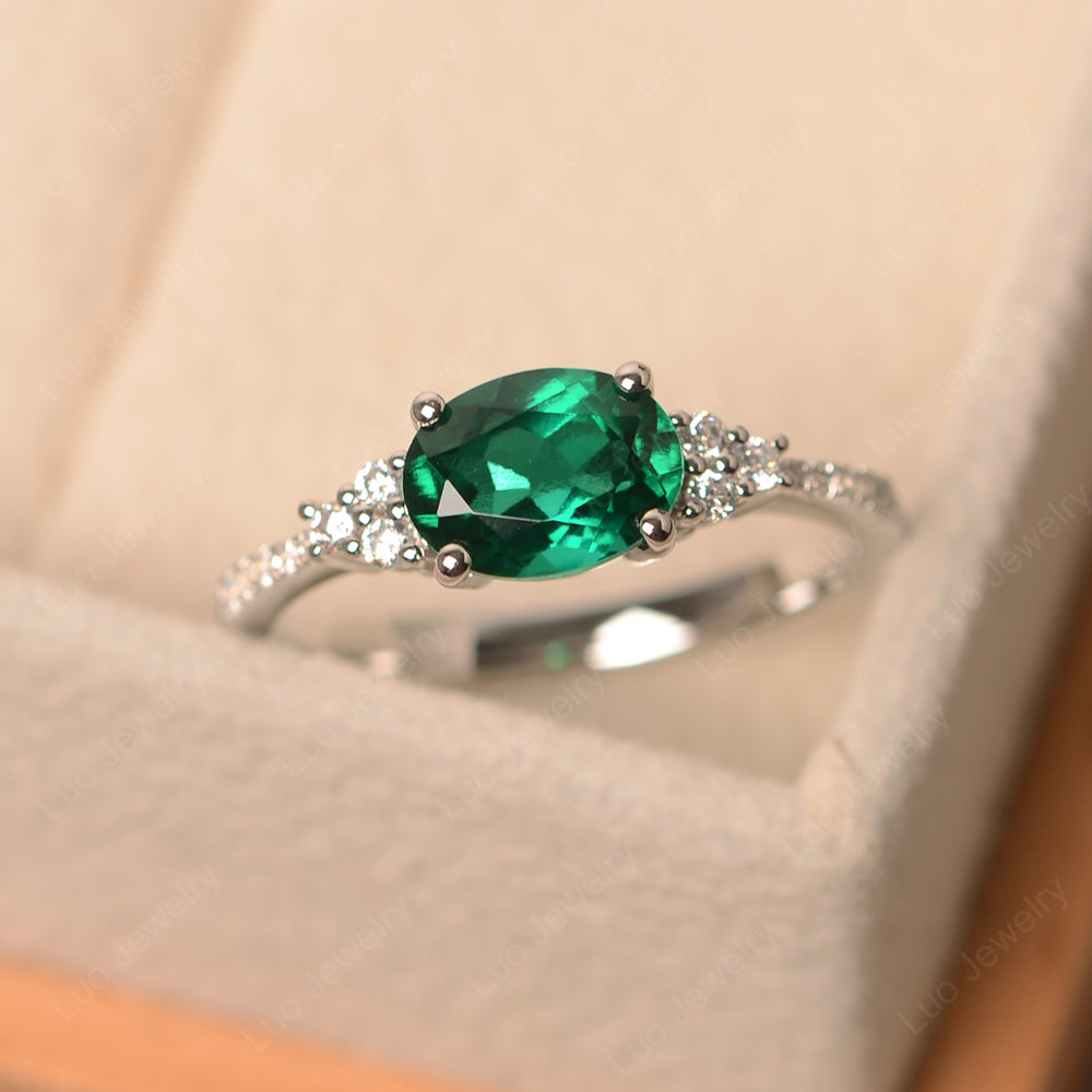 Horizontal Oval Cut Lab Emerald Engagement Ring - LUO Jewelry