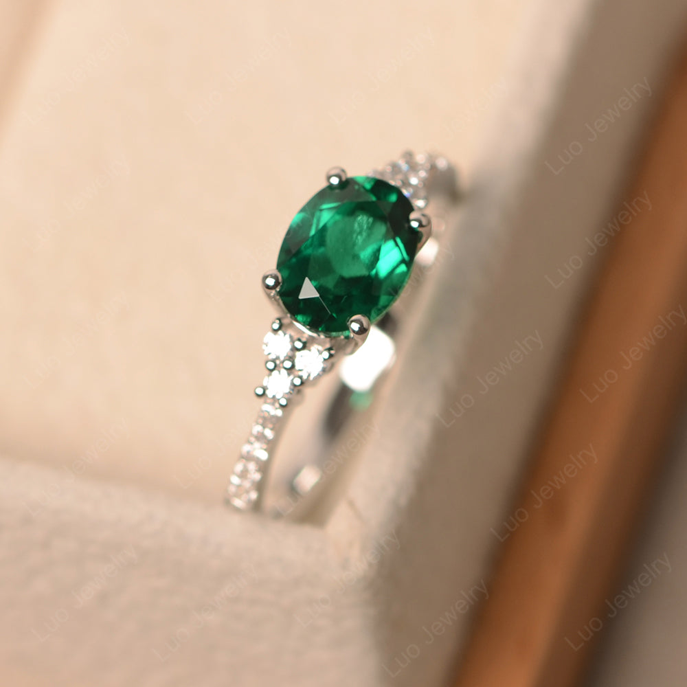 Horizontal Oval Cut Lab Emerald Engagement Ring - LUO Jewelry