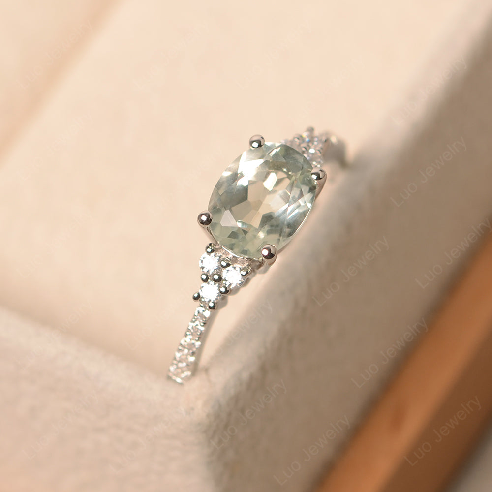 Horizontal Oval Cut Green Amethyst Engagement Ring - LUO Jewelry