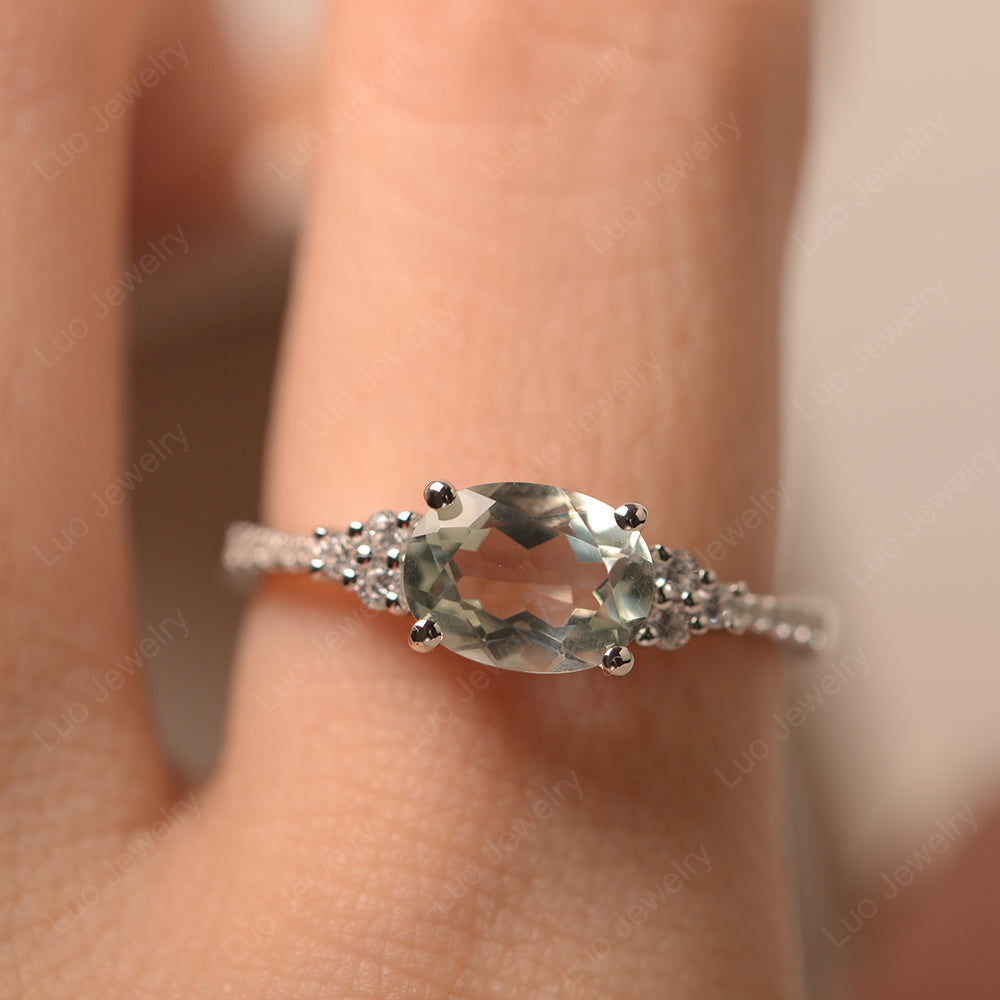 Horizontal Oval Cut Green Amethyst Engagement Ring - LUO Jewelry