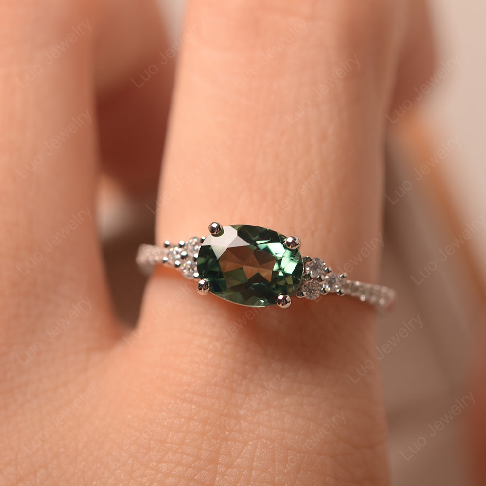 Horizontal Oval Cut Green Sapphire Engagement Ring - LUO Jewelry