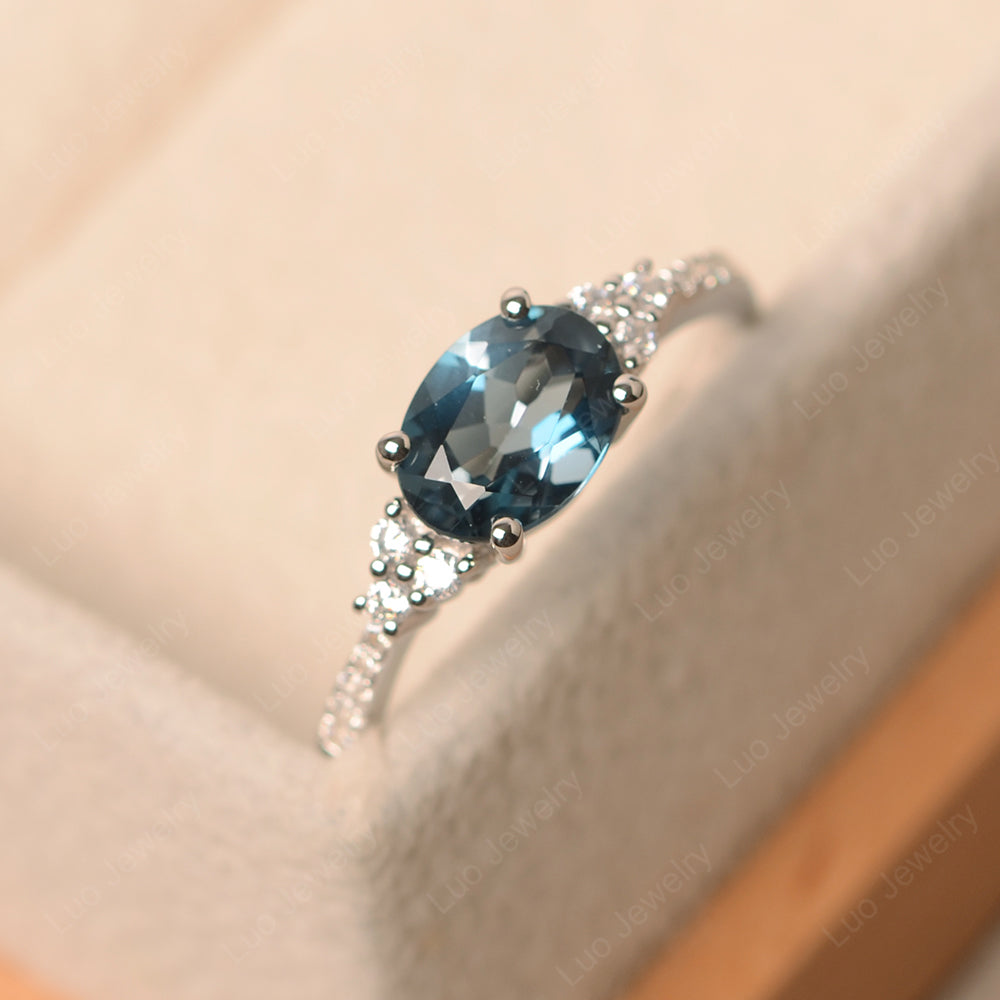 Horizontal Oval Cut London Blue Topaz Engagement Ring - LUO Jewelry