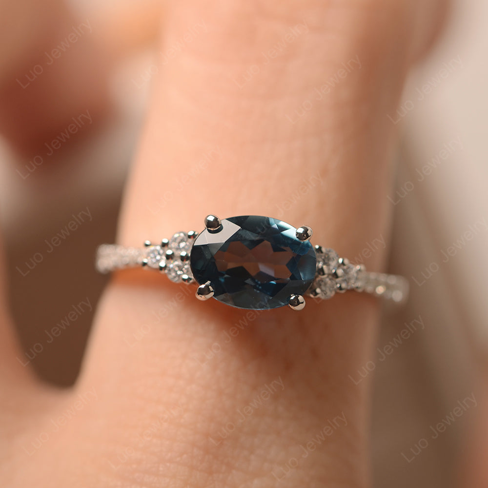 Horizontal Oval Cut London Blue Topaz Engagement Ring - LUO Jewelry