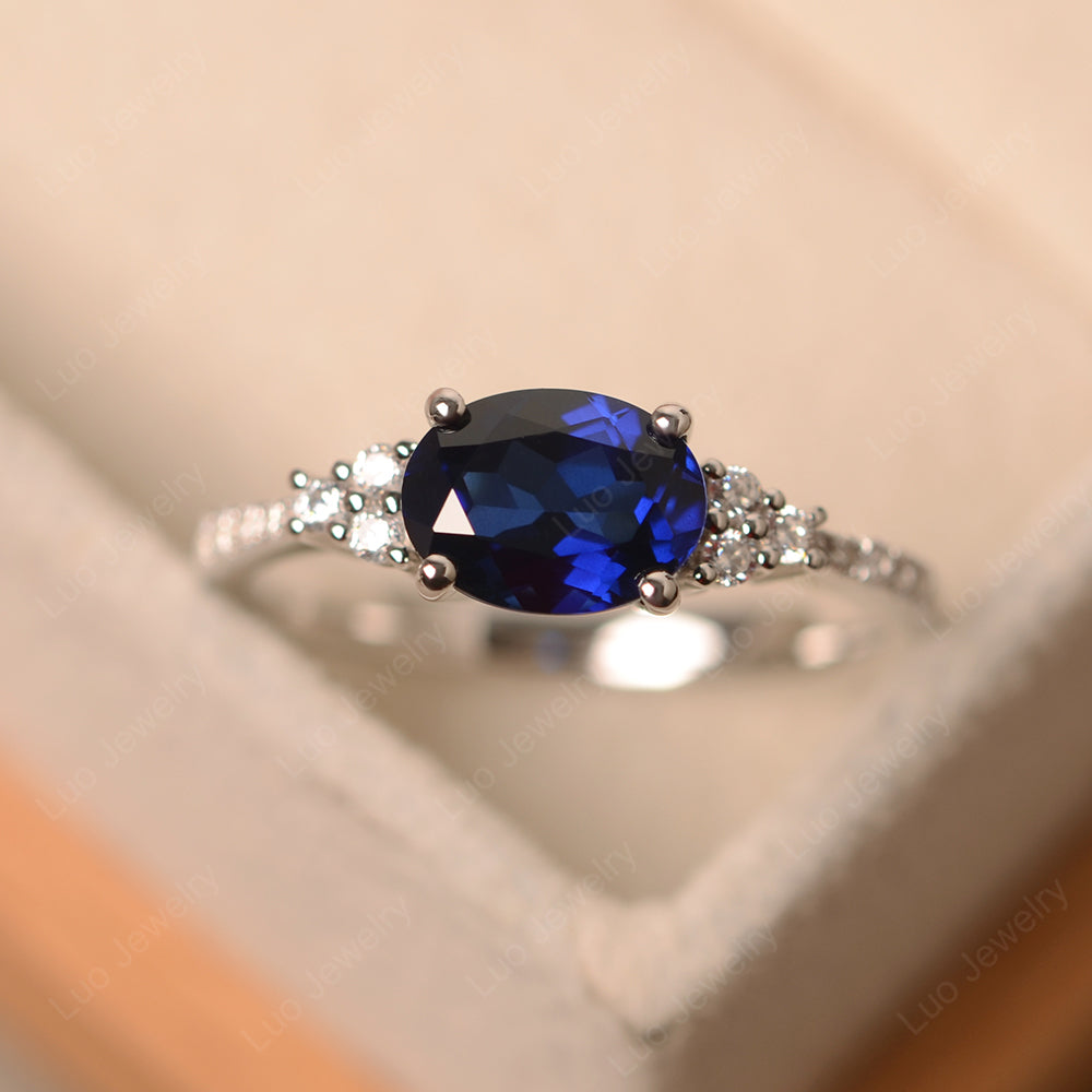 Horizontal Oval Cut Lab Sapphire Engagement Ring - LUO Jewelry