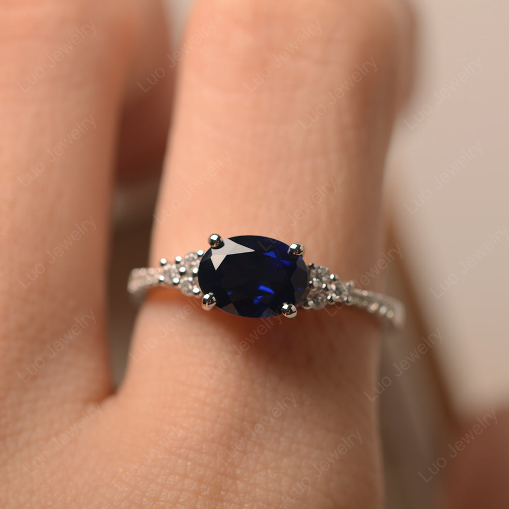 Horizontal Oval Cut Lab Sapphire Engagement Ring - LUO Jewelry