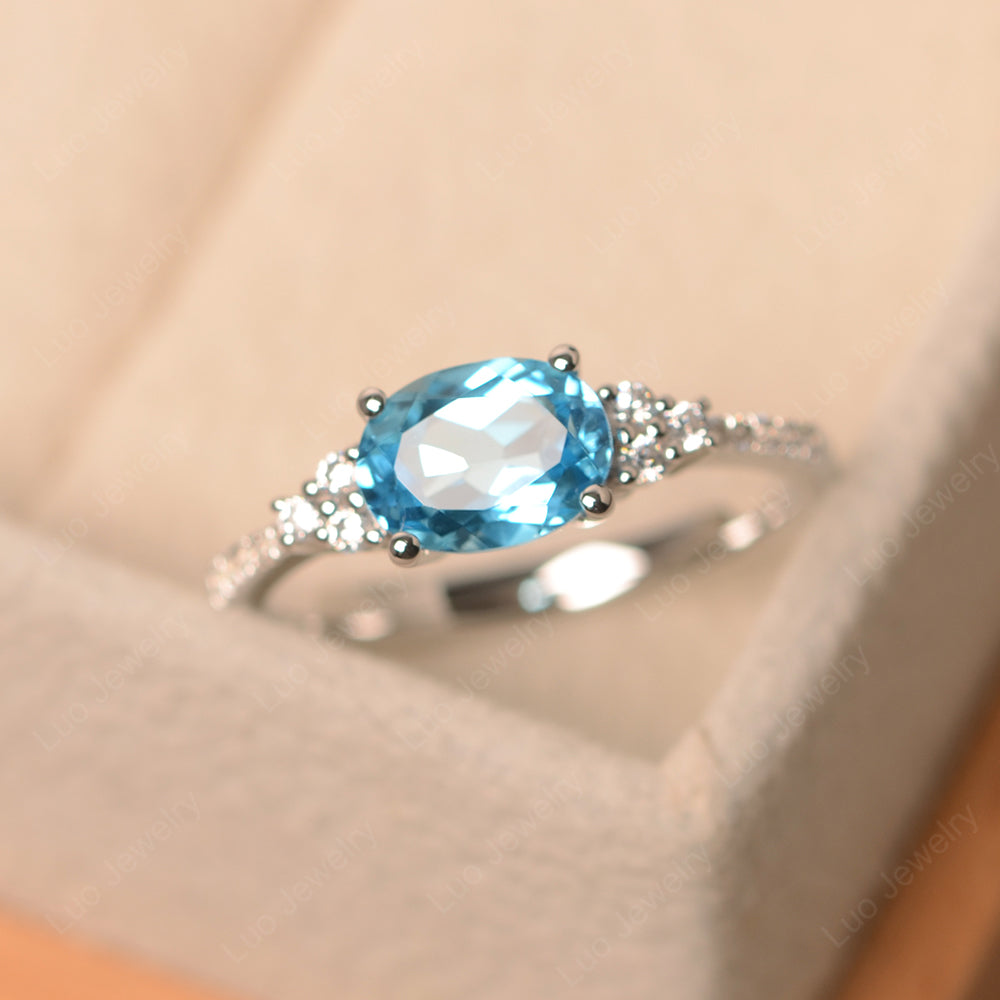 Horizontal Oval Cut Swiss Blue Topaz Engagement Ring - LUO Jewelry