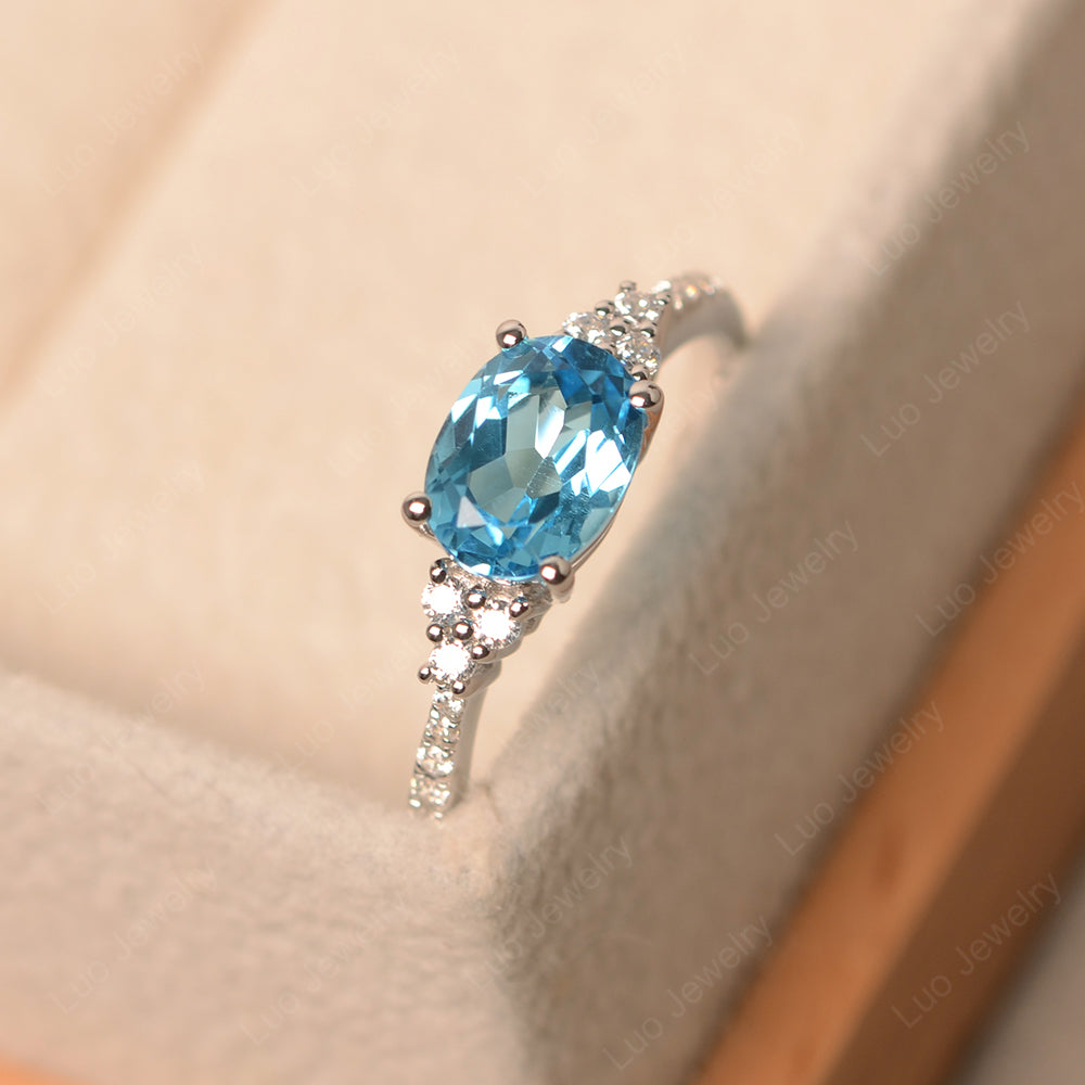 Horizontal Oval Cut Swiss Blue Topaz Engagement Ring - LUO Jewelry