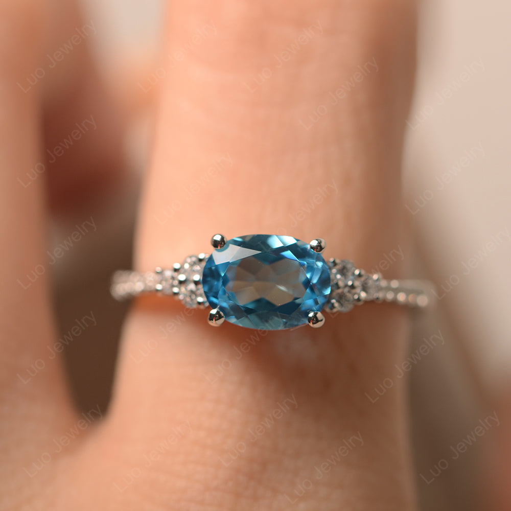 Horizontal Oval Cut Swiss Blue Topaz Engagement Ring - LUO Jewelry