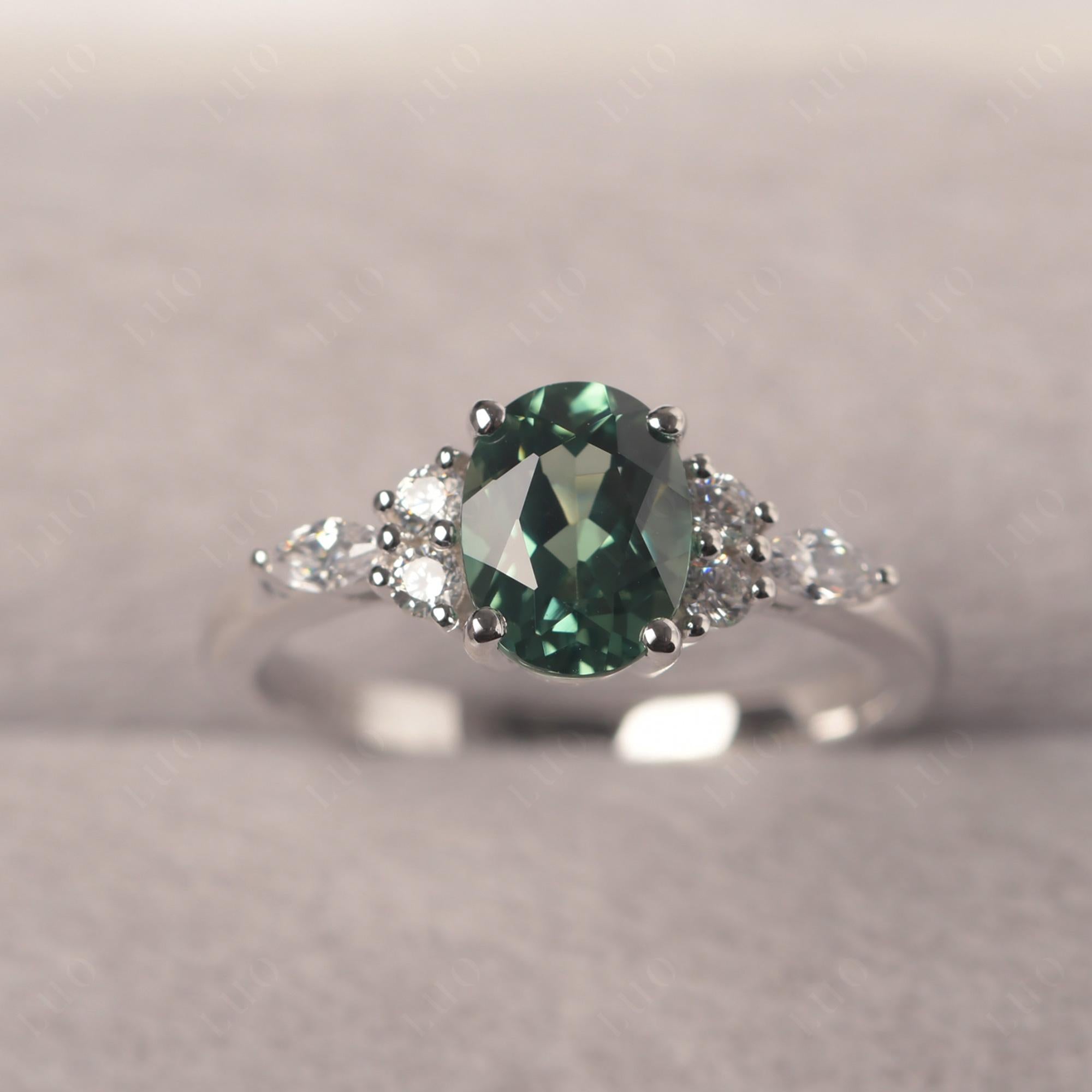 Simple Oval Lab Grown Green Sapphire Engagement Ring - LUO Jewelry