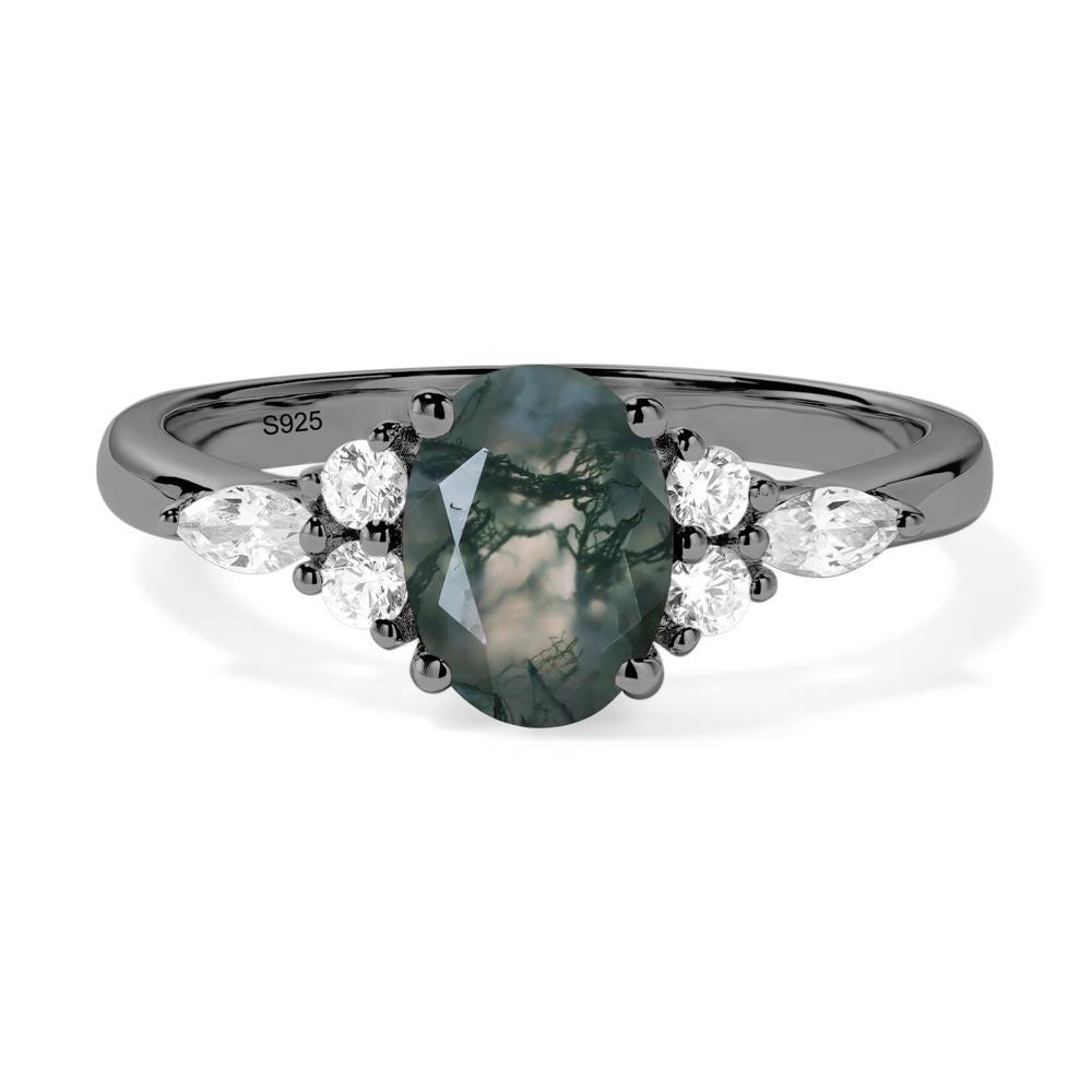 Simple Oval Moss Agate Engagement Ring - LUO Jewelry #metal_black finish sterling silver
