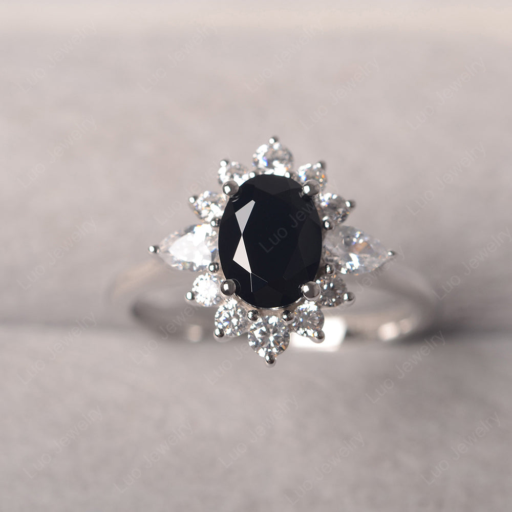 Oval Cut Black Stone Ring With Pear Side Stone - LUO Jewelry