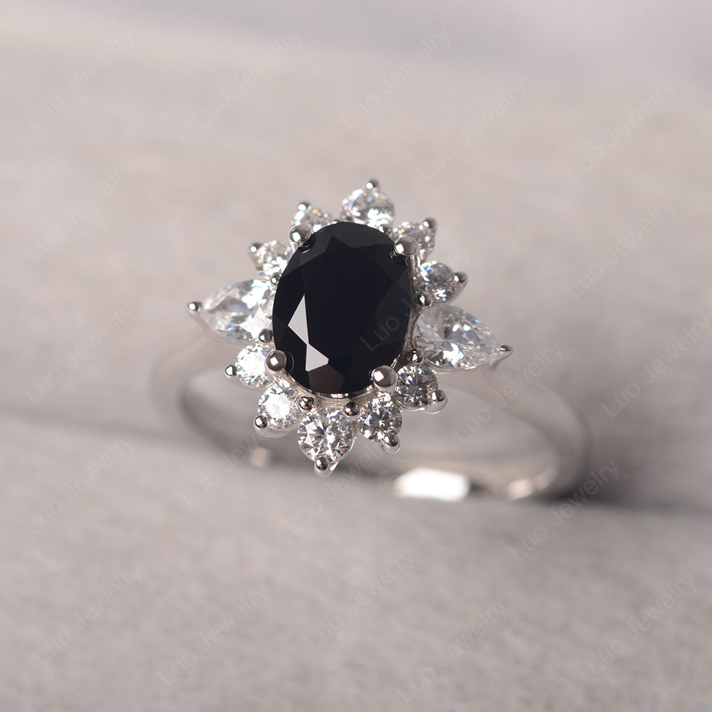 Oval Cut Black Stone Ring With Pear Side Stone - LUO Jewelry
