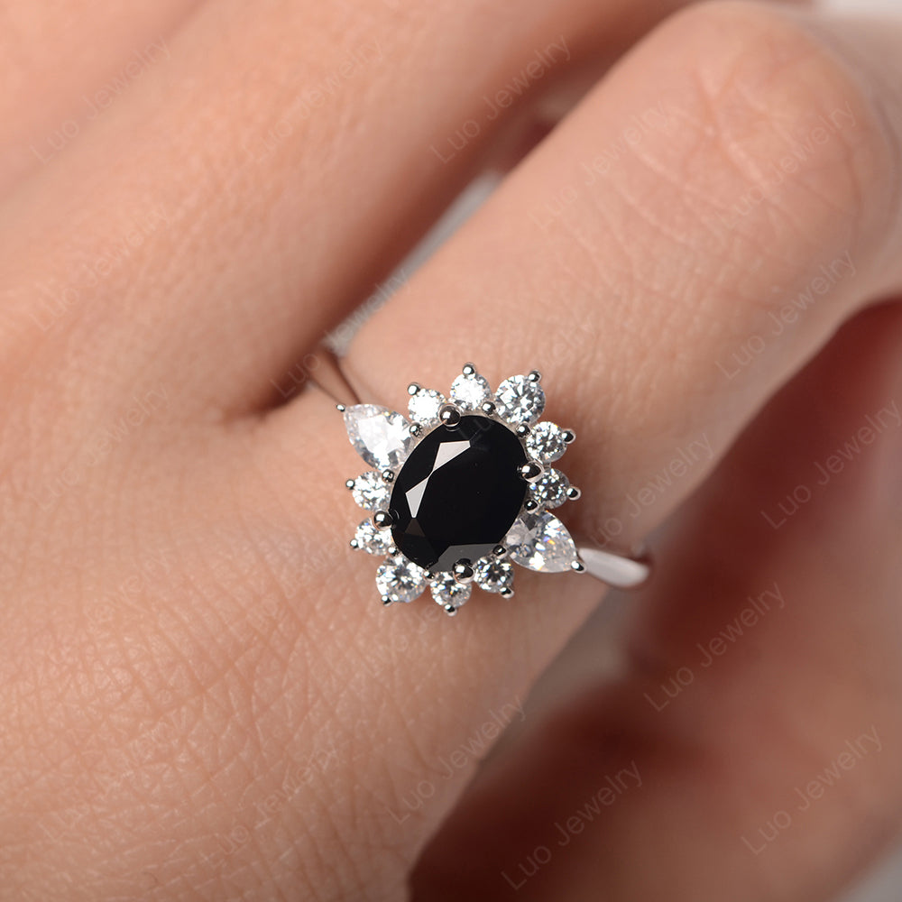 Oval Cut Black Stone Ring With Pear Side Stone - LUO Jewelry