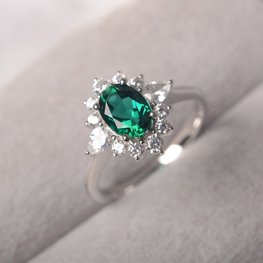 Oval Cut Lab Emerald Ring With Pear Side Stone - LUO Jewelry