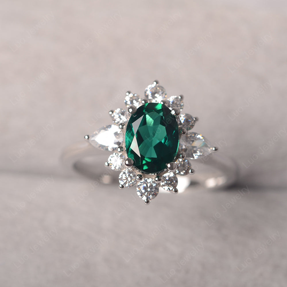 Oval Cut Lab Emerald Ring With Pear Side Stone - LUO Jewelry